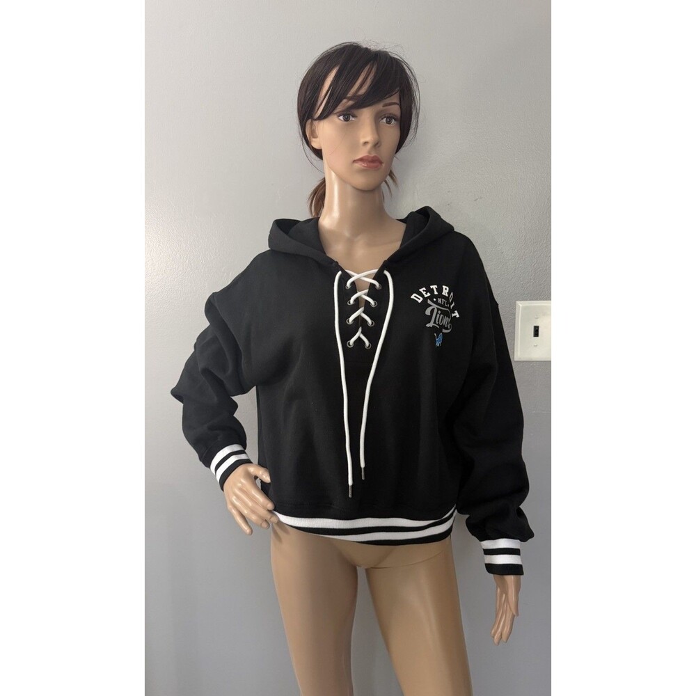 NWT Womens M Wear by Erin Andrews NFL Detroit Lions Black Lace-Up Hoodie